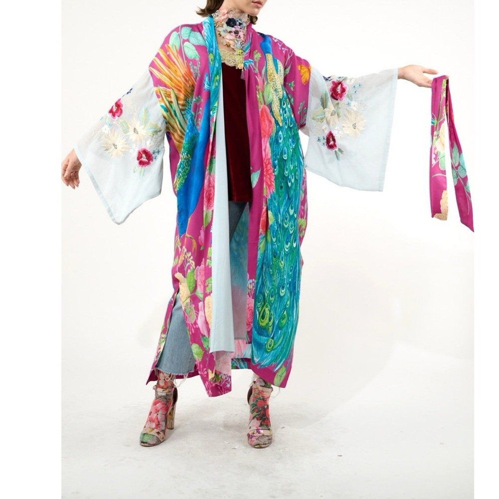 Aratta Silent Journey Kimono Robe Peacock Floral Print pearl embroidered Small - Picture 3 of 16